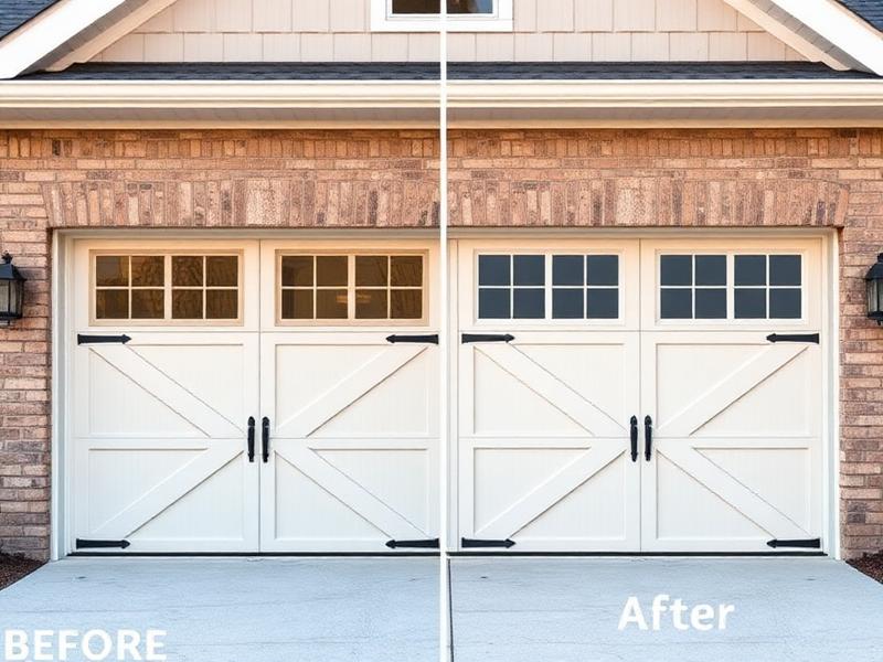 Before and after garage door transformation with farmhouse X-pattern design